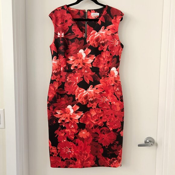 Calvin Klein Women's Red Black Floral Sheath Scuba Dress Size 16 - Picture 2 of 9